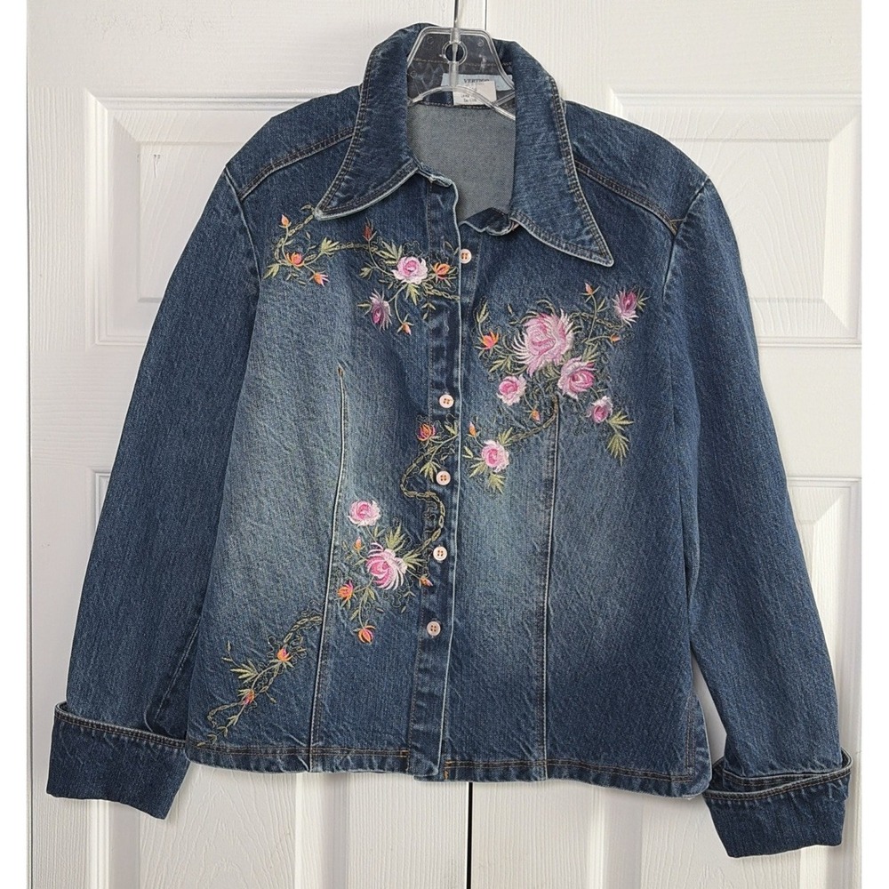 Vertigo Paris Floral Embroidered Denim Jacket Size Medium Y2K Vintage Cotton